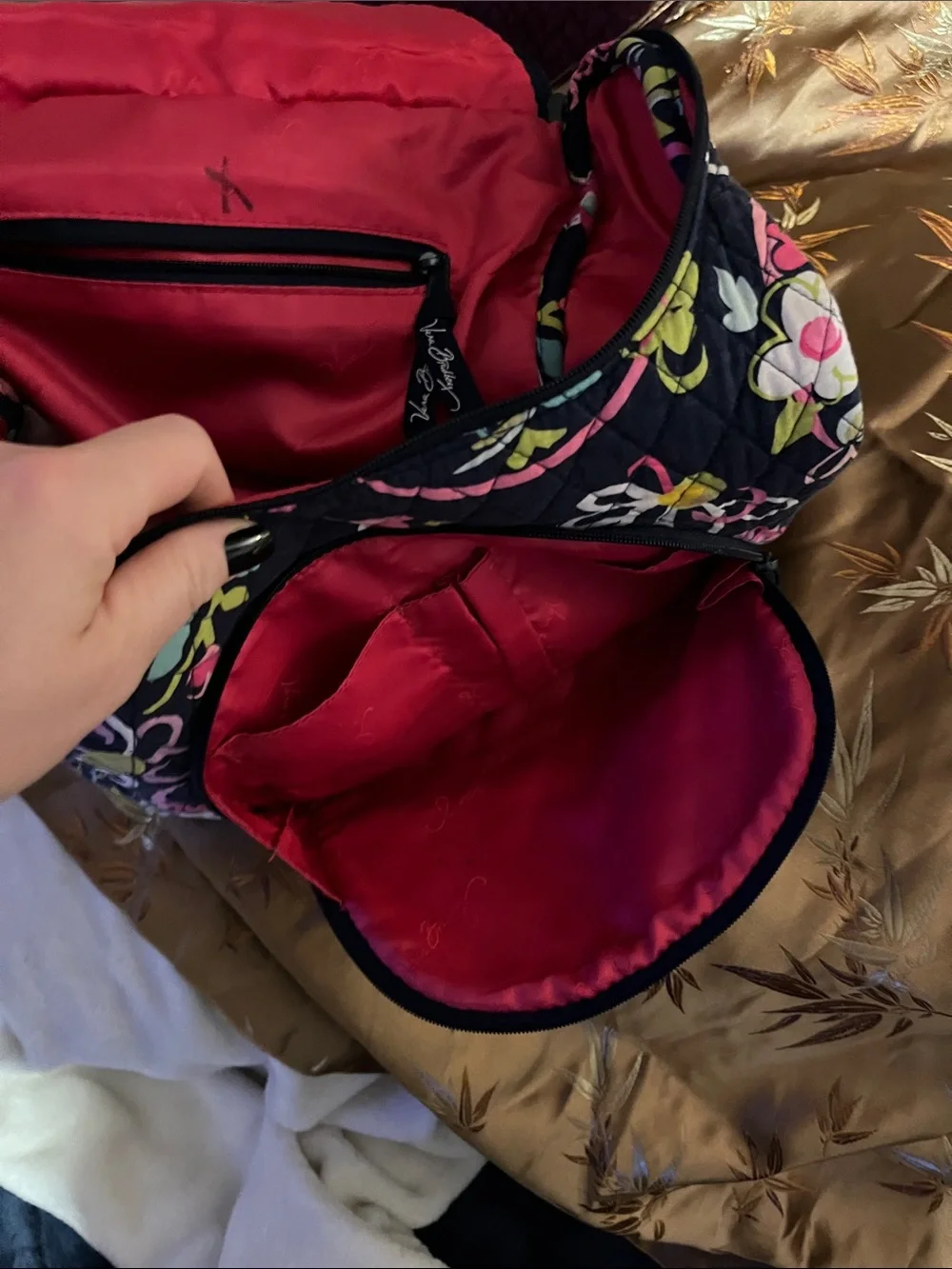 Vera Bradley Quilted Floral Backpack in Navy with Pink & Green Accents
